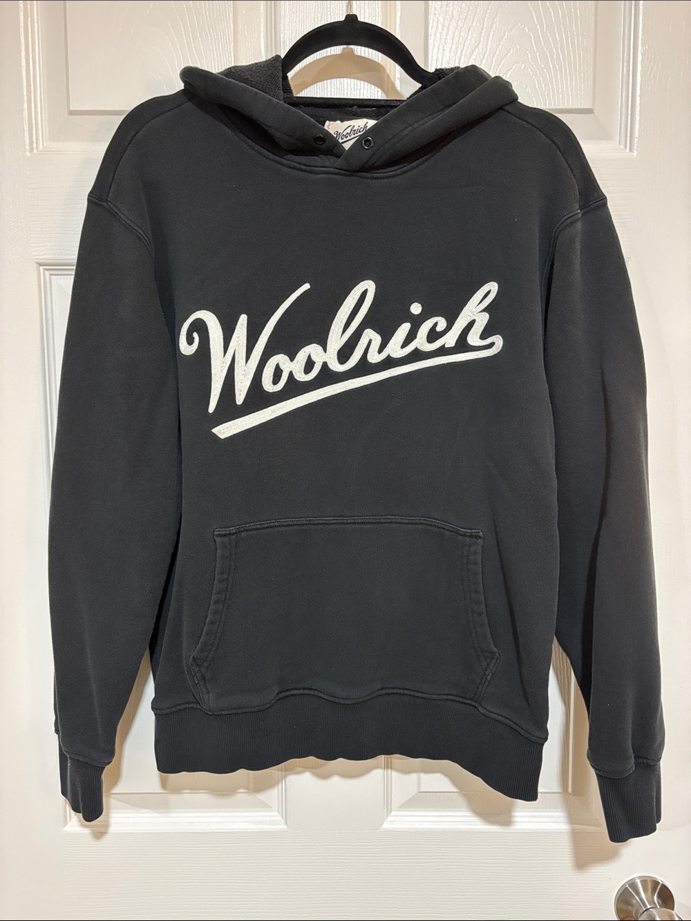 Woolrich Target Black Hoodie with White Script Logo Size Small
